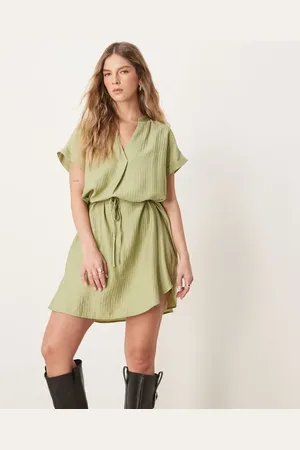 VILA Short sleeve tie waist notch neck mini dress in khaki