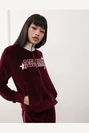 Reclaimed Velour zip up track jacket in burgundy
