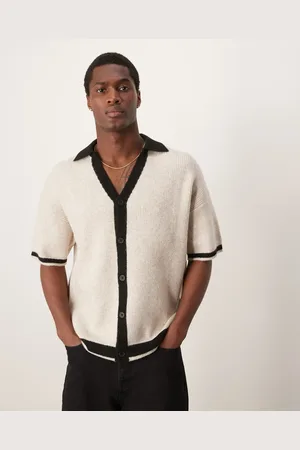 ASOS Relaxed knitted button through polo in ecru with contrast seams