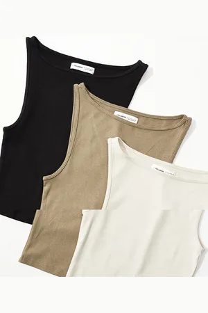 Pull&Bear 3 pack racer neck vest top in sand, taupe & black