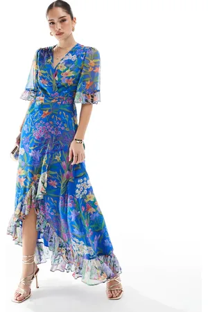 HOPE & IVY Frill sleeve maxi wrap dress with tie waist in print