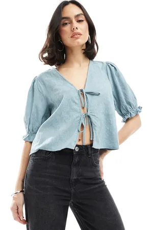 Pieces® Jaquard detail tie front puff sleeve top in soft