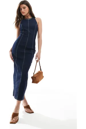 Bershka Shaping bodycon denim maxi dress in dark