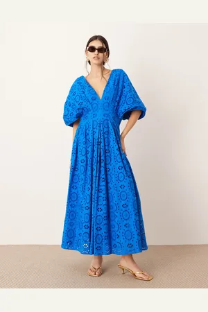 ASOS Broderie wide sleeve plunge midi dress in blue