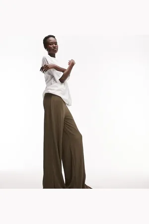 Topshop Plisse wide leg tousers in khaki