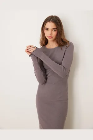 Miss Selfridge Long sleeve washed midi dress in washed dark mocha