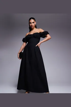 Kaiia Exclusive cotton milkmaid puff sleeve hip pleat detail maxi dress in