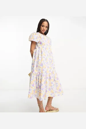 JDY Exclusive puff sleeve midi smock dress in purple & orange retro floral