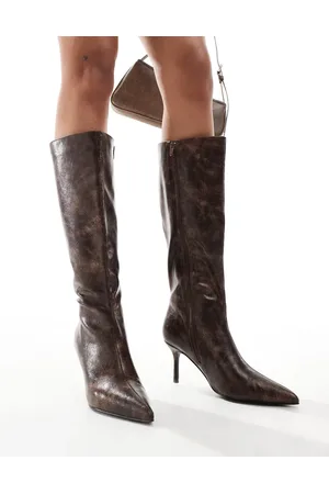 Public Desire Amped kitten heel straight leg pointed knee boots in distressed PU