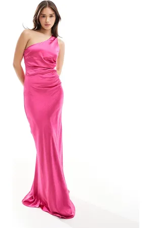 Six Stories Bridesmaid one shoulder satin maxi dress in fuchsia