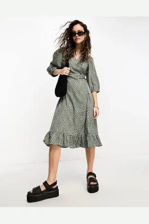 ONLY Puff sleeve wrap midi dress in spot
