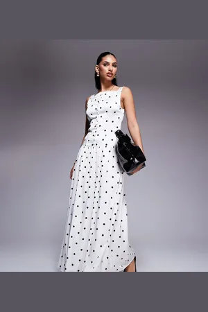Kaiia Exclusive high square neck button through drop waist satin maxi dress in mono polka dot