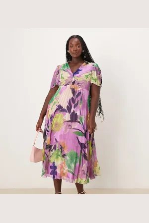 ASOS ASOS DESIGN Curve pleated bodice flutter sleeve pleat midi dress in print