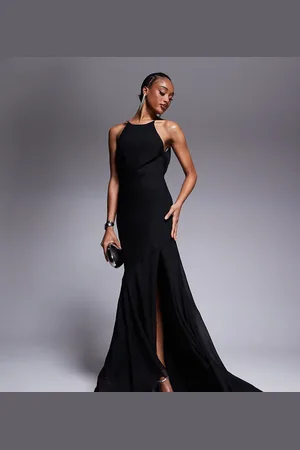 ASOS ASOS DESIGN Tall racer neck low cowl back maxi dress with high low frill hem in