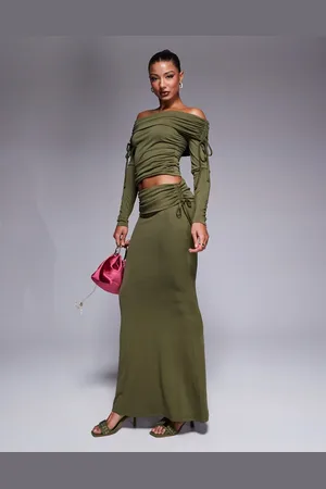 ASOS Premium modal fold over waist fishtail maxi skirt with side ruching in olive