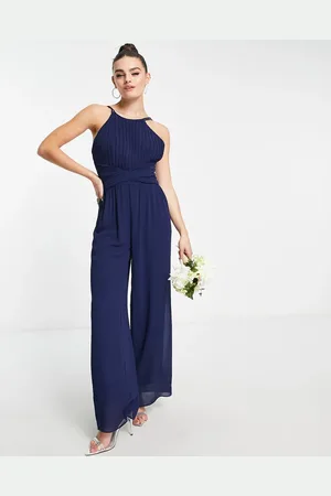 TFNC Bridesmaid pleated halter neck wide leg jumpsuit in