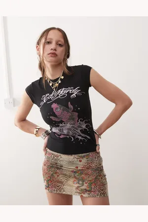 ED HARDY Koi fish diamante cap sleeve t-shirt in