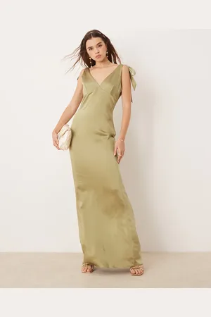 Pretty Lavish Bridesmaid tie shoulder satin maxi dress in olive