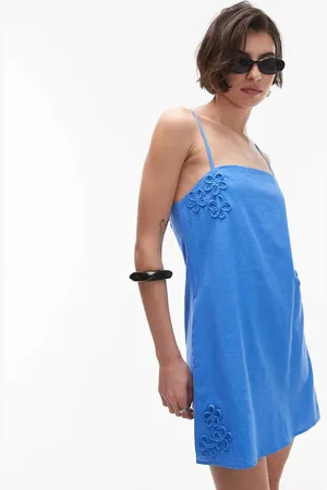 SNDYS Linen blend flower applique cami strap square neck mini dress in bright