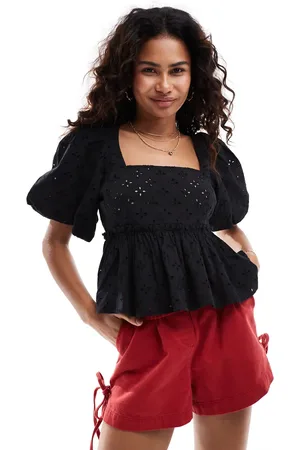 Monki Puff short sleeve sqaure neck broderie anglaise top in
