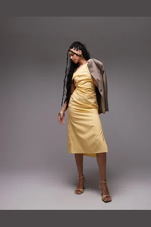 MANGO Fallen shoulder midi dress with ruched detail in butter