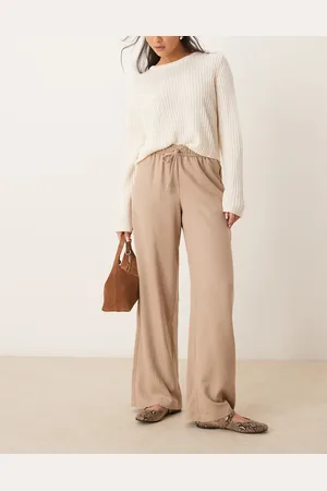 VILA Wide leg tie waist trouser in tan and white pinstripe