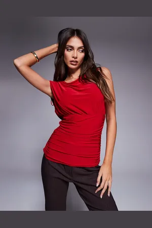 Fashionkilla Double sculpted slinky sleeveless asymmetric ruched top in
