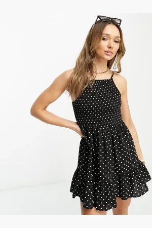 ASOS Square neck shirred mini sundress in mono spot print