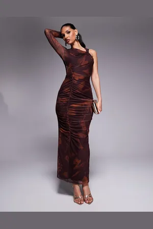 ASOS Mesh one sleeve asymmetric midi dress with channelled strap detail in abstract print