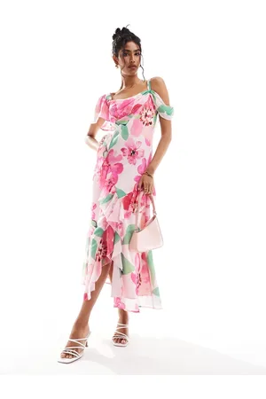 ASOS Flutter sleeve midi dress with front frill split in print