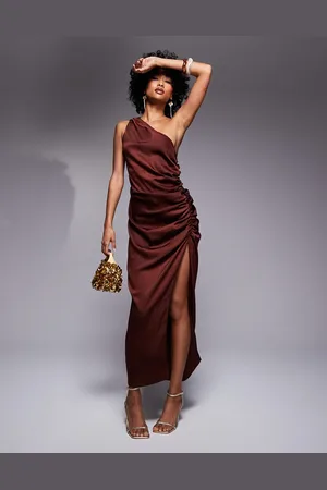 ASOS One shoulder satin ruched side midi dress in chocolate