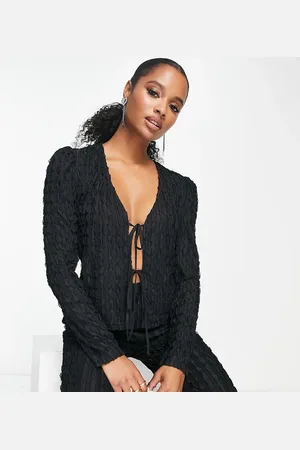 Lola May Tie front textured top co-ord in black