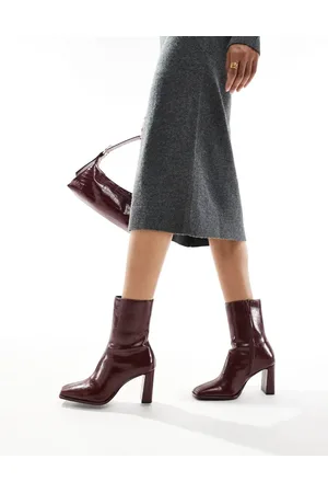 Pull&Bear Square toe heeled boot in burgundy