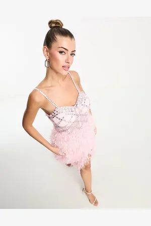 Starlet Exclusive embellished faux feather midi dress in pink