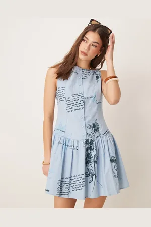 ASOS Slash neck button down dropped waist mini dress in blue floral print