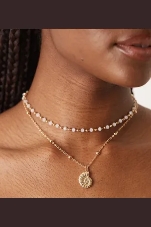 DesignB London Multirow bead and chain necklace with shell pendant in