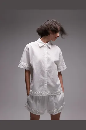 SNDYS Linen blend short sleeve flower applique detail shirt co-ord in