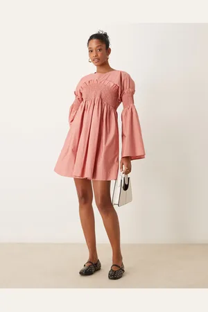 ASOS Shirred cotton mini dress with flare sleeve in rose