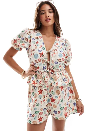 Miss Selfridge Printed puff sleeve tie front blouse