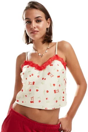 Miss Selfridge Satin cami top with lace trim in cherry print