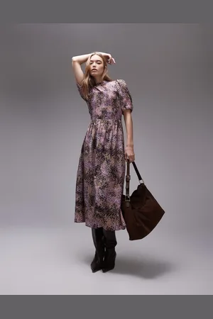 & OTHER STORIES Puff sleeves midi dress with shirred bodice in lilac abstract print