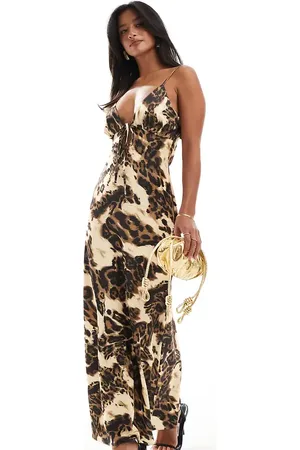 Miss Selfridge Satin tie front maxi slip dress in animal print