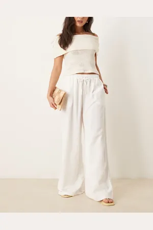 Stradivarius STR linen look trouser with drawstring in ecru