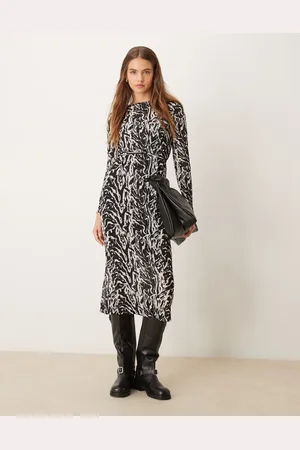 VILA Plisse boat neck midi dress in mono animal print