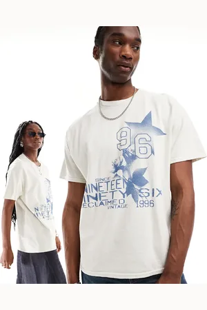 Reclaimed Unisex t-shirt with varsity and spray graphic in white