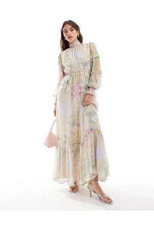 ASOS High neck shirred maxi dress with frill edge in mixed floral print