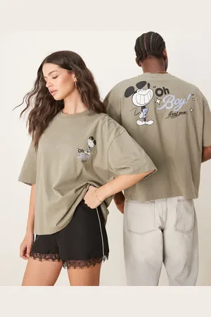 ASOS Disney unisex boxy oversized t-shirt with Mickey Mouse prints in khaki