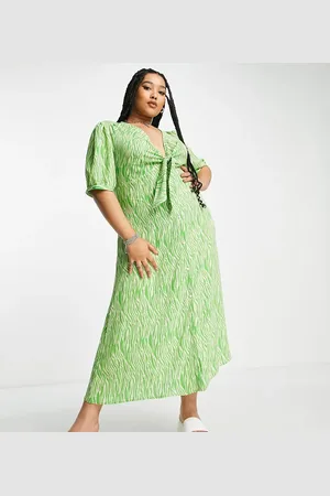 ASOS ASOS DESIGN Curve tie front button through midi dress in green animal print
