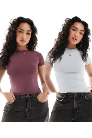 Pull&Bear 2 pack polyamide baby tee in grey& burgundy