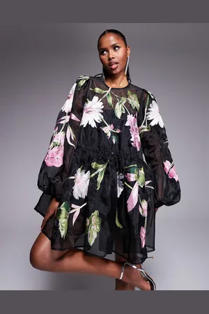 ASOS Oversized organza mini smock dress with floral embroidery in